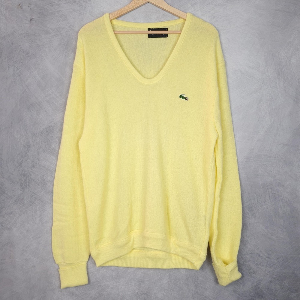 Vintage IZOD Sweater Mens Large Yellow V Neck Acrylic Knit Logo Pullover Preppy